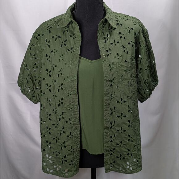 J.Crew Mozy Green Eyelet Top Sz 4 Puff Sleeve Boho Earthy Lagenlook Blouse - Picture 3 of 14